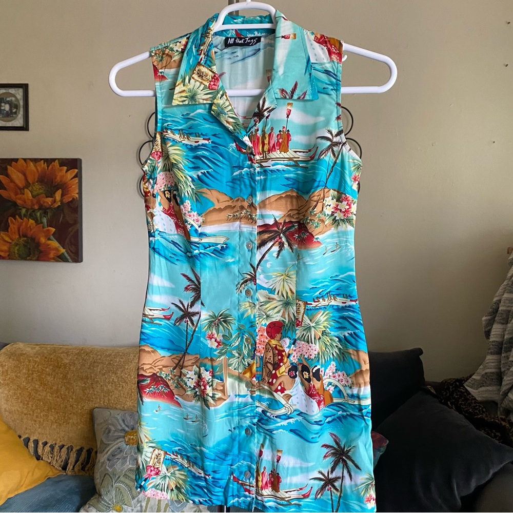 Vintage All That Jazz Blue Brown Full Button Front Shirt Tunic Tank Dress Size 4
